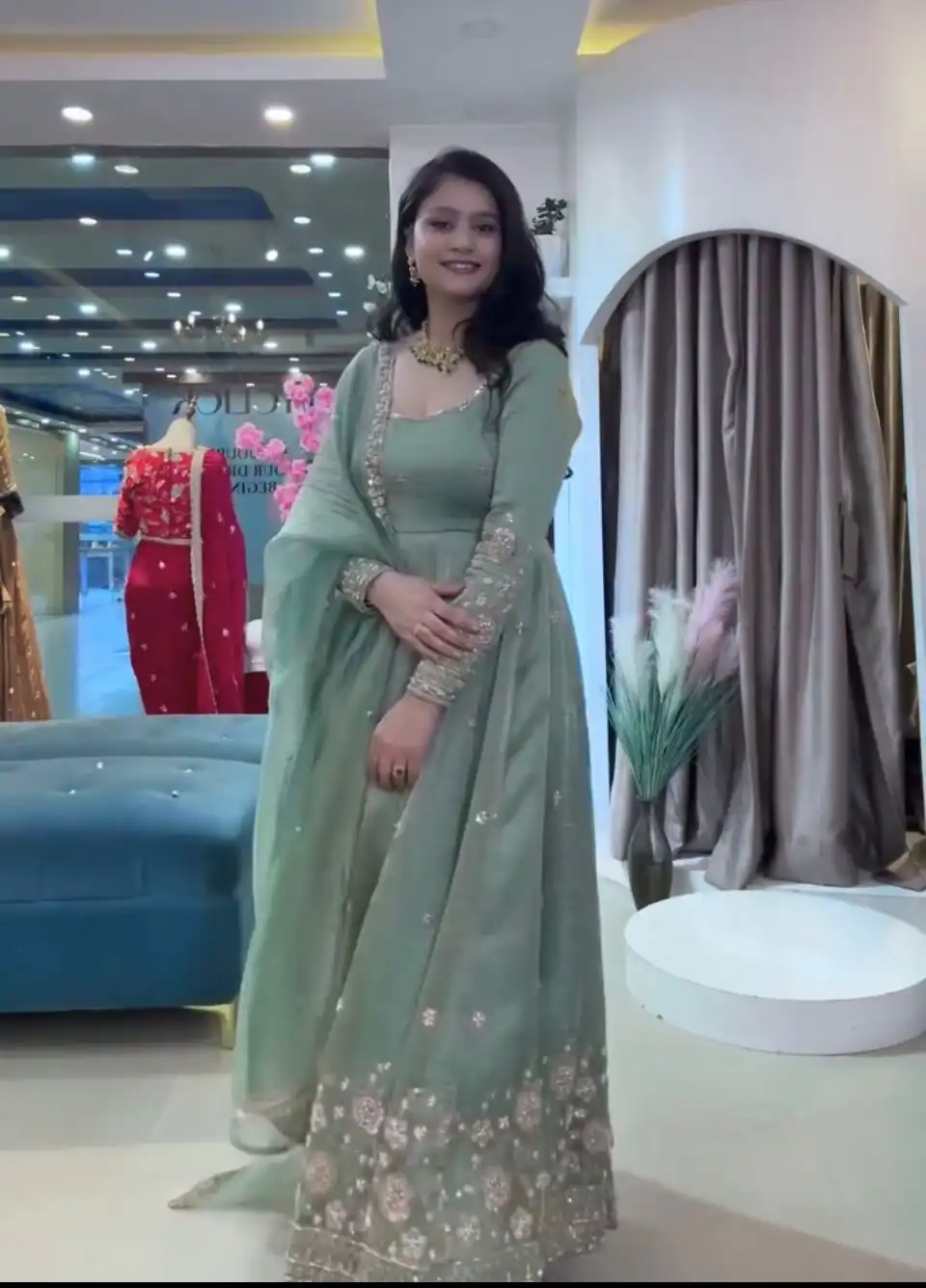 VLM 339 Sea Green Crunchy Silk Gown Perfect for Wedding, Party, Housewarming, Haldi, Durga Puja – . Best Price ₹2149. Delivery 4-6 Working Days. Shop now. | Bollywood Gowns, Creative Gowns, Designer Gowns, Embroidered Gowns, Gowns, Party Wear Gowns