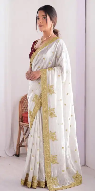 JR 666 White Fendy Satin Saree Perfect for Wedding, Party, Durga Puja, Raksha Bandhan, Sangeet – . Festive Deal ₹1949. Delivery 4-6 Working Days. | Bollywood Sarees, Creative Sarees, Designer Sarees, Embroidered Sarees, Ethnic Saree, Modern Digital sarees, Party Wear Sarees, Sarees