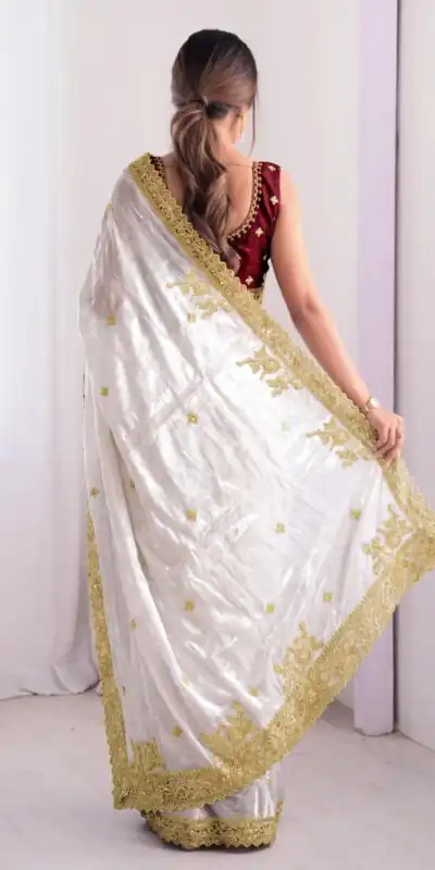 JR 666 White Fendy Satin Saree Perfect for Wedding, Party, Durga Puja, Raksha Bandhan, Sangeet – . Festive Deal ₹1949. Delivery 4-6 Working Days. | Bollywood Sarees, Creative Sarees, Designer Sarees, Embroidered Sarees, Ethnic Saree, Modern Digital sarees, Party Wear Sarees, Sarees