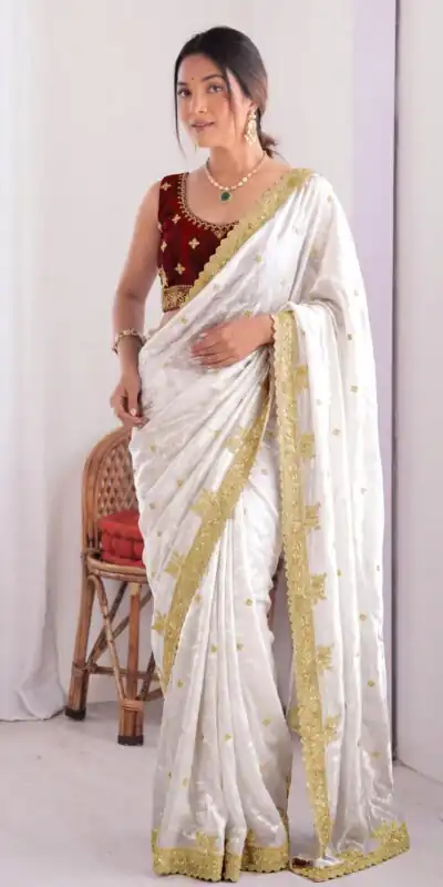 JR 666 White Fendy Satin Saree Perfect for Wedding, Party, Durga Puja, Raksha Bandhan, Sangeet – . Festive Deal ₹1949. Delivery 4-6 Working Days. | Bollywood Sarees, Creative Sarees, Designer Sarees, Embroidered Sarees, Ethnic Saree, Modern Digital sarees, Party Wear Sarees, Sarees