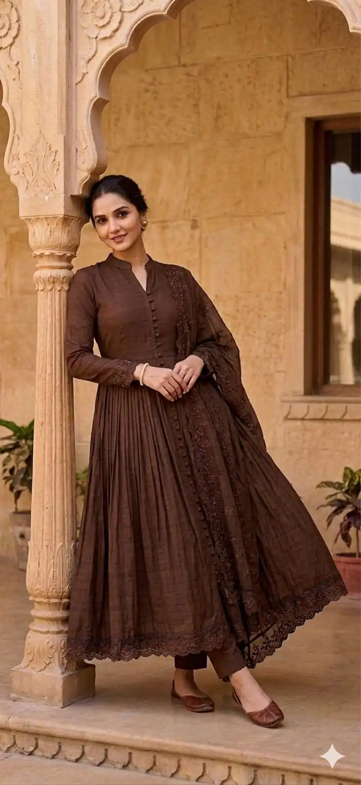 VLM 337 Brown Roman Silk Gown Perfect for Wedding, Party, Ethnic Day, Haldi, Diwali – . Festive Deal ₹2099. Delivery 4-6 Working Days. Shop now. | Bollywood Gowns, Creative Gowns, Designer Gowns, Embroidered Gowns, Gowns, Party Wear Gowns