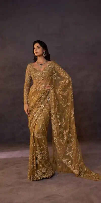 DF 3475 Golden Butterfly Net Saree Sequence with Work & Zari Work. Introductory Price ₹1799. Delivery 4-6 Working Days. Shop now. | Bollywood Sarees, Creative Sarees, Designer Sarees, Embroidered Sarees, Ethnic Saree, Modern Digital sarees, Party Wear Sarees, Sarees