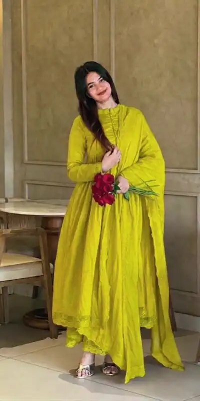 VLM 337 Lime Yellow Roman Silk Gown Perfect for Wedding, Party, Ethnic Day, Haldi, Diwali – . Festive Deal ₹2099. Delivery 4-6 Working Days. Shop now. | Bollywood Gowns, Creative Gowns, Designer Gowns, Embroidered Gowns, Gowns, Party Wear Gowns