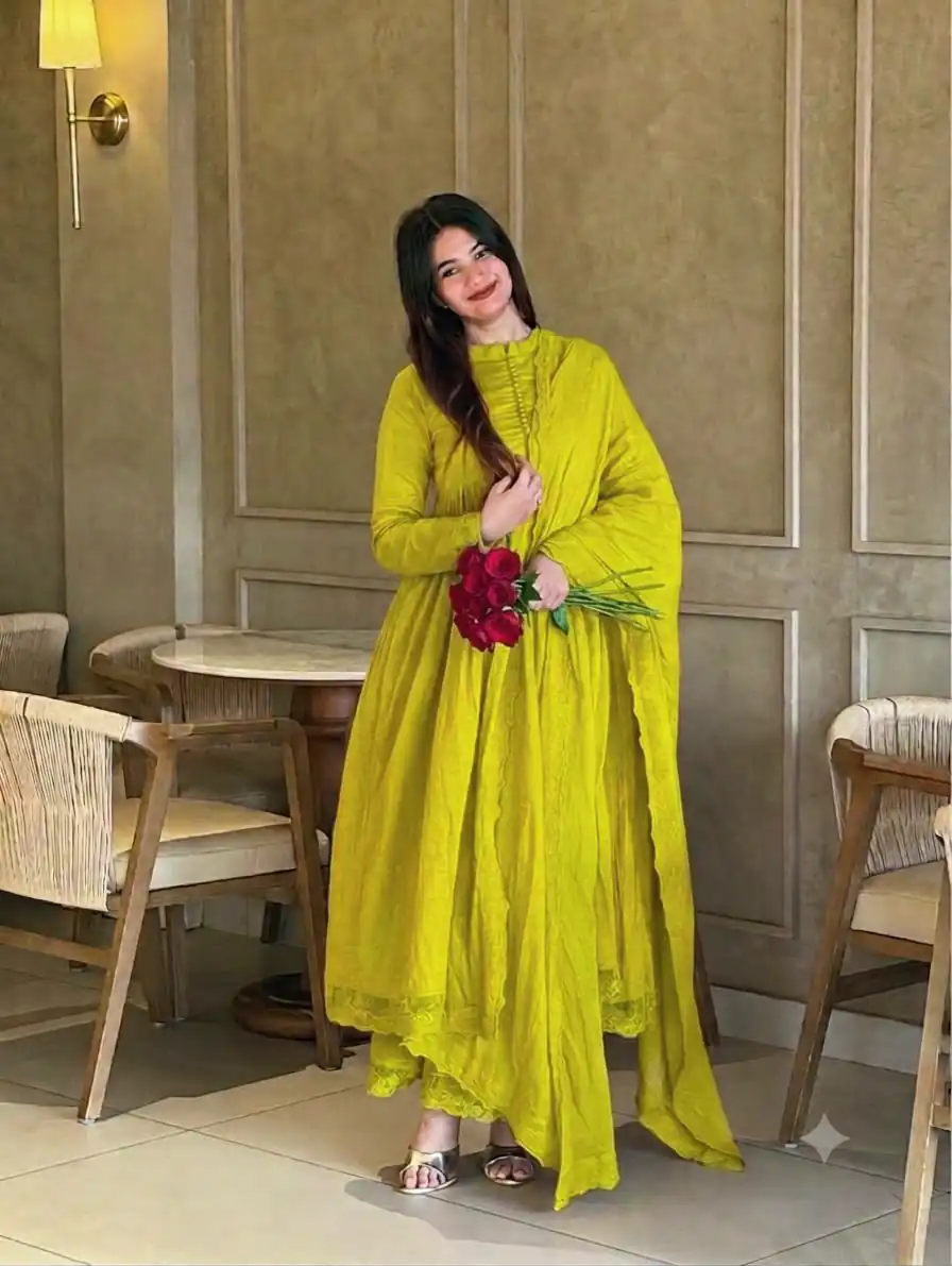 VLM 337 Lime Yellow Roman Silk Gown Perfect for Wedding, Party, Ethnic Day, Haldi, Diwali – . Festive Deal ₹2099. Delivery 4-6 Working Days. Shop now. | Bollywood Gowns, Creative Gowns, Designer Gowns, Embroidered Gowns, Gowns, Party Wear Gowns