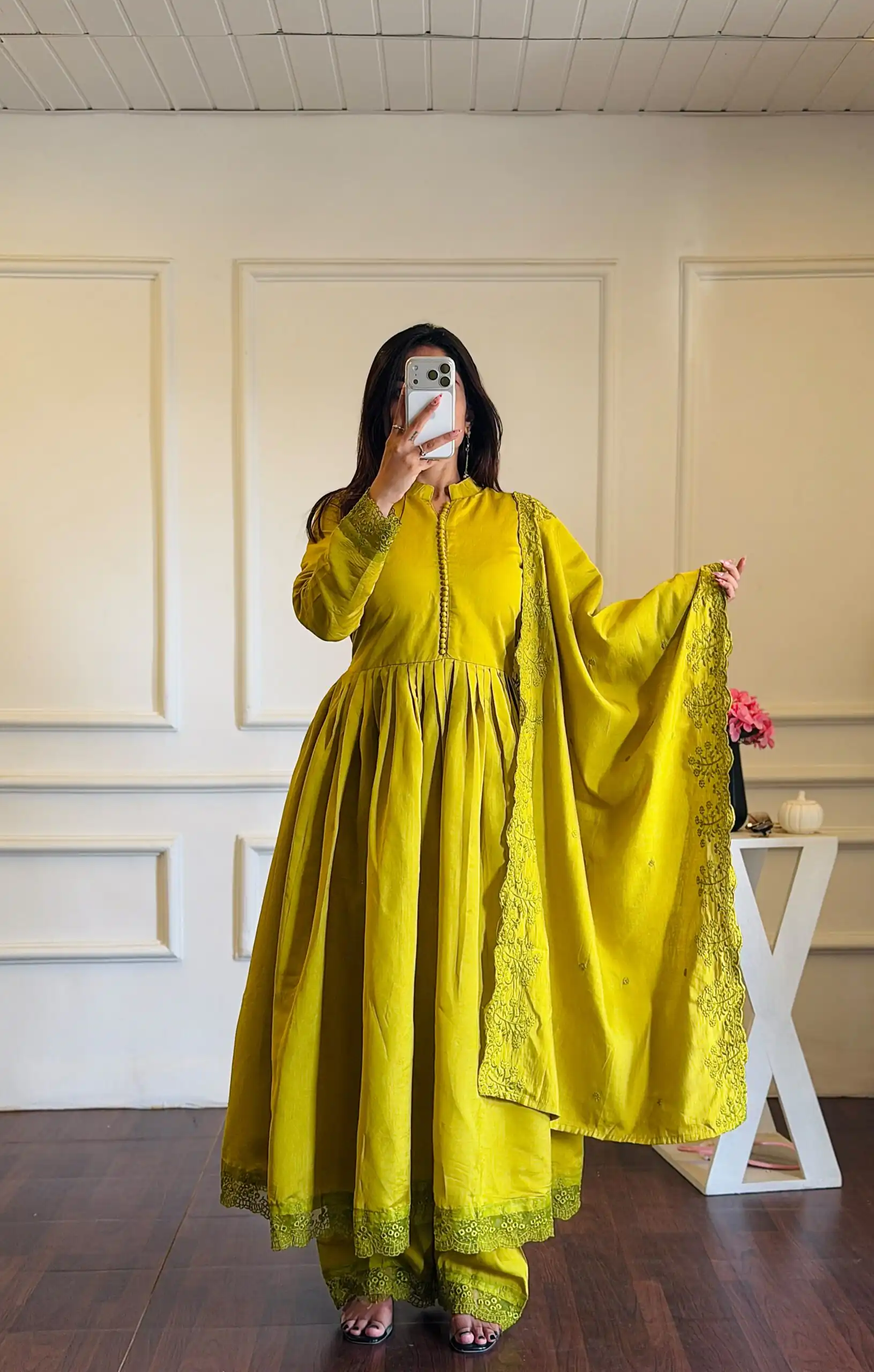 VLM 337 Lime Yellow Roman Silk Gown Perfect for Wedding, Party, Ethnic Day, Haldi, Diwali – . Festive Deal ₹2099. Delivery 4-6 Working Days. Shop now. | Bollywood Gowns, Creative Gowns, Designer Gowns, Embroidered Gowns, Gowns, Party Wear Gowns