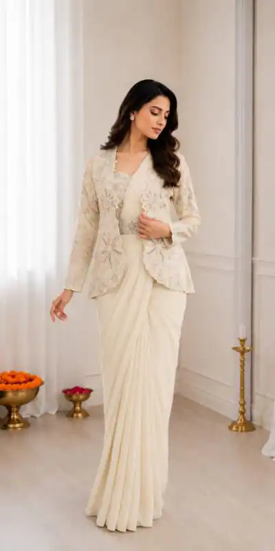 BB 62 Off White Crap Silk Saree with Embroidery Work. Wedding, Party, Festive, Events Festive Deal ₹2499. Delivery 4-6 Working Days. Shop now. | Bollywood Sarees, Creative Sarees, Designer Sarees, Embroidered Sarees, Ethnic Saree, Modern Digital sarees, Party Wear Sarees, Sarees