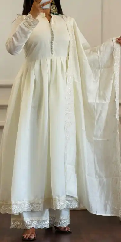 VLM 337 White Roman Silk Gown Perfect for Wedding, Party, Ethnic Day, Haldi, Diwali – . Festive Deal ₹2099. Delivery 4-6 Working Days. Shop now. | Bollywood Gowns, Creative Gowns, Designer Gowns, Embroidered Gowns, Gowns, Party Wear Gowns