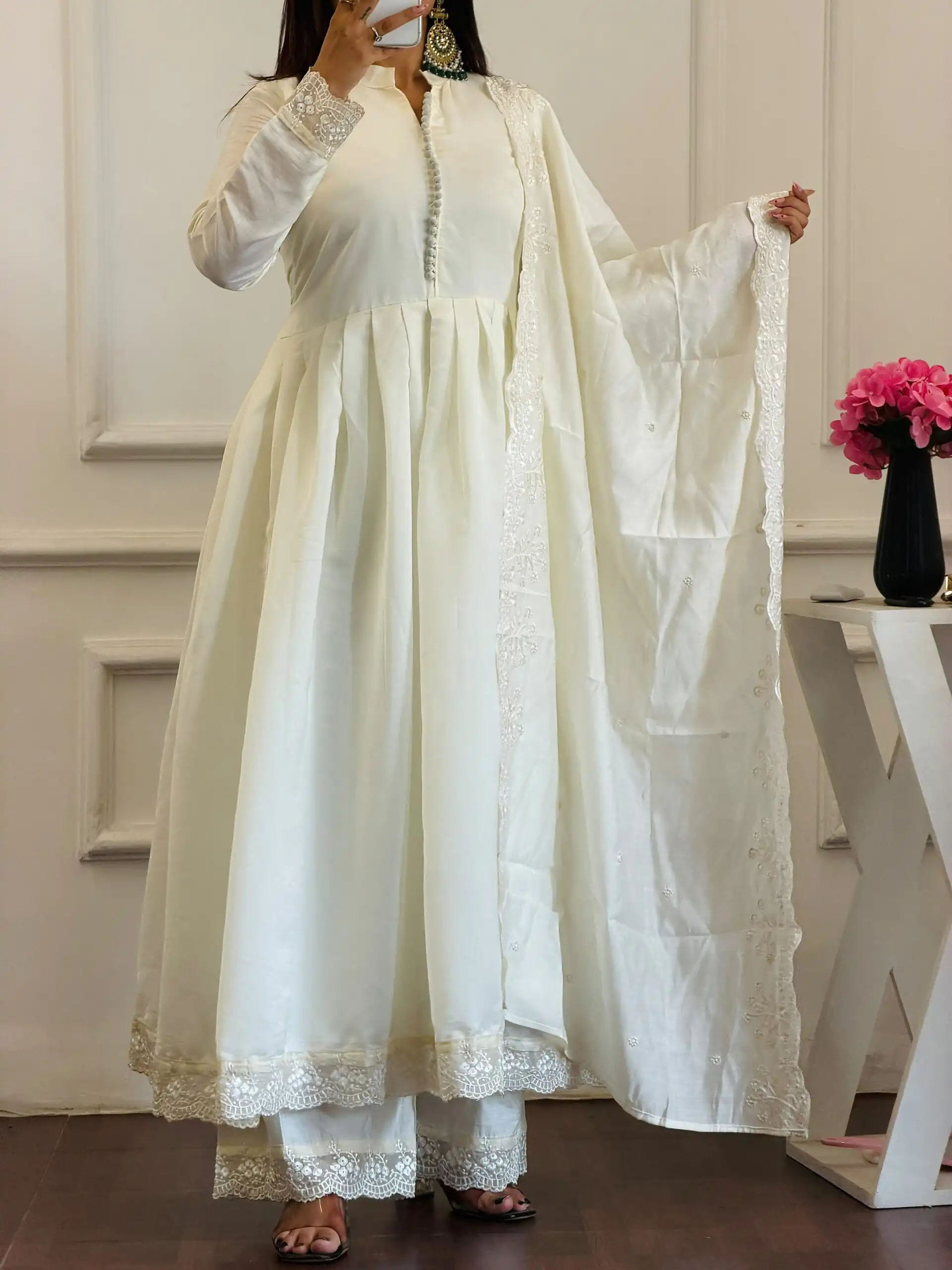 VLM 337 White Roman Silk Gown Perfect for Wedding, Party, Ethnic Day, Haldi, Diwali – . Festive Deal ₹2099. Delivery 4-6 Working Days. Shop now. | Bollywood Gowns, Creative Gowns, Designer Gowns, Embroidered Gowns, Gowns, Party Wear Gowns