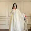 VLM 337 White Roman Silk Gown Perfect for Wedding, Party, Ethnic Day, Haldi, Diwali – . Festive Deal ₹2099. Delivery 4-6 Working Days. Shop now. | Bollywood Gowns, Creative Gowns, Designer Gowns, Embroidered Gowns, Gowns, Party Wear Gowns