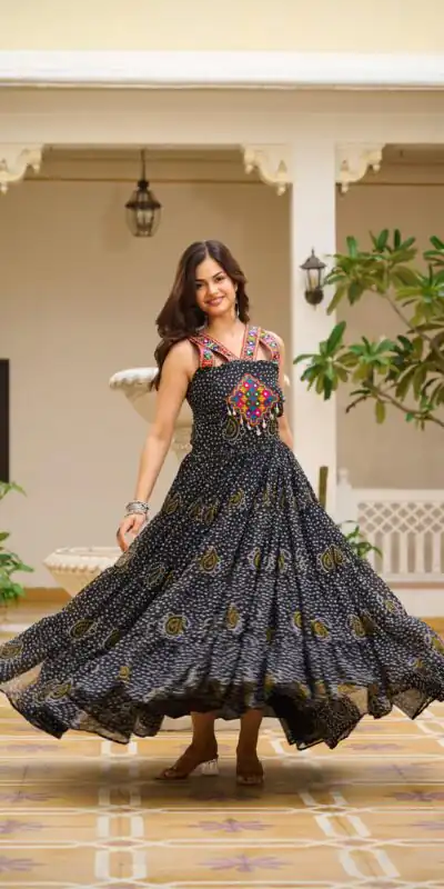 Ram 108 Black Color Georgette Bandhni Print Gown with Mirror Work. Best Price ₹2049. Delivery 4-6 Working Days. Shop now. | Bollywood Gowns, Creative Gowns, Designer Gowns, Embroidered Gowns, Gowns, Party Wear Gowns