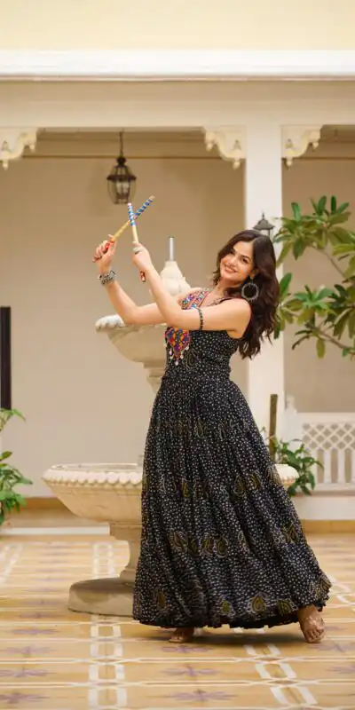 Ram 108 Black Color Georgette Bandhni Print Gown with Mirror Work. Best Price ₹2049. Delivery 4-6 Working Days. Shop now. | Bollywood Gowns, Creative Gowns, Designer Gowns, Embroidered Gowns, Gowns, Party Wear Gowns