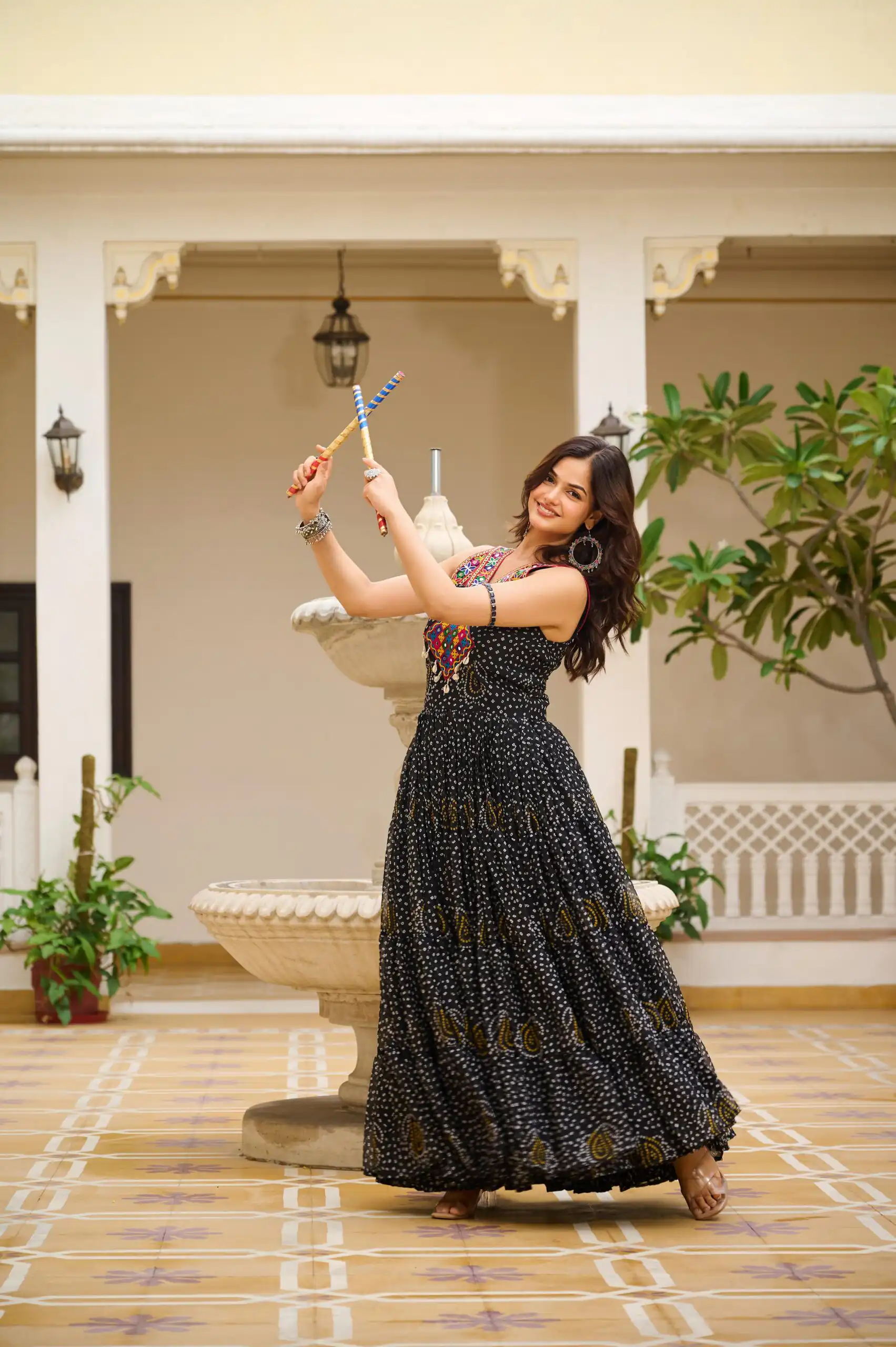 Ram 108 Black Color Georgette Bandhni Print Gown with Mirror Work. Best Price ₹2049. Delivery 4-6 Working Days. Shop now. | Bollywood Gowns, Creative Gowns, Designer Gowns, Embroidered Gowns, Gowns, Party Wear Gowns