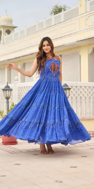 Ram 108 Blue Color Georgette Bandhni Print Gown with Mirror Work. Best Price ₹2049. Delivery 4-6 Working Days. Online Shop now. | Bollywood Gowns, Creative Gowns, Designer Gowns, Embroidered Gowns, Gowns, Party Wear Gowns