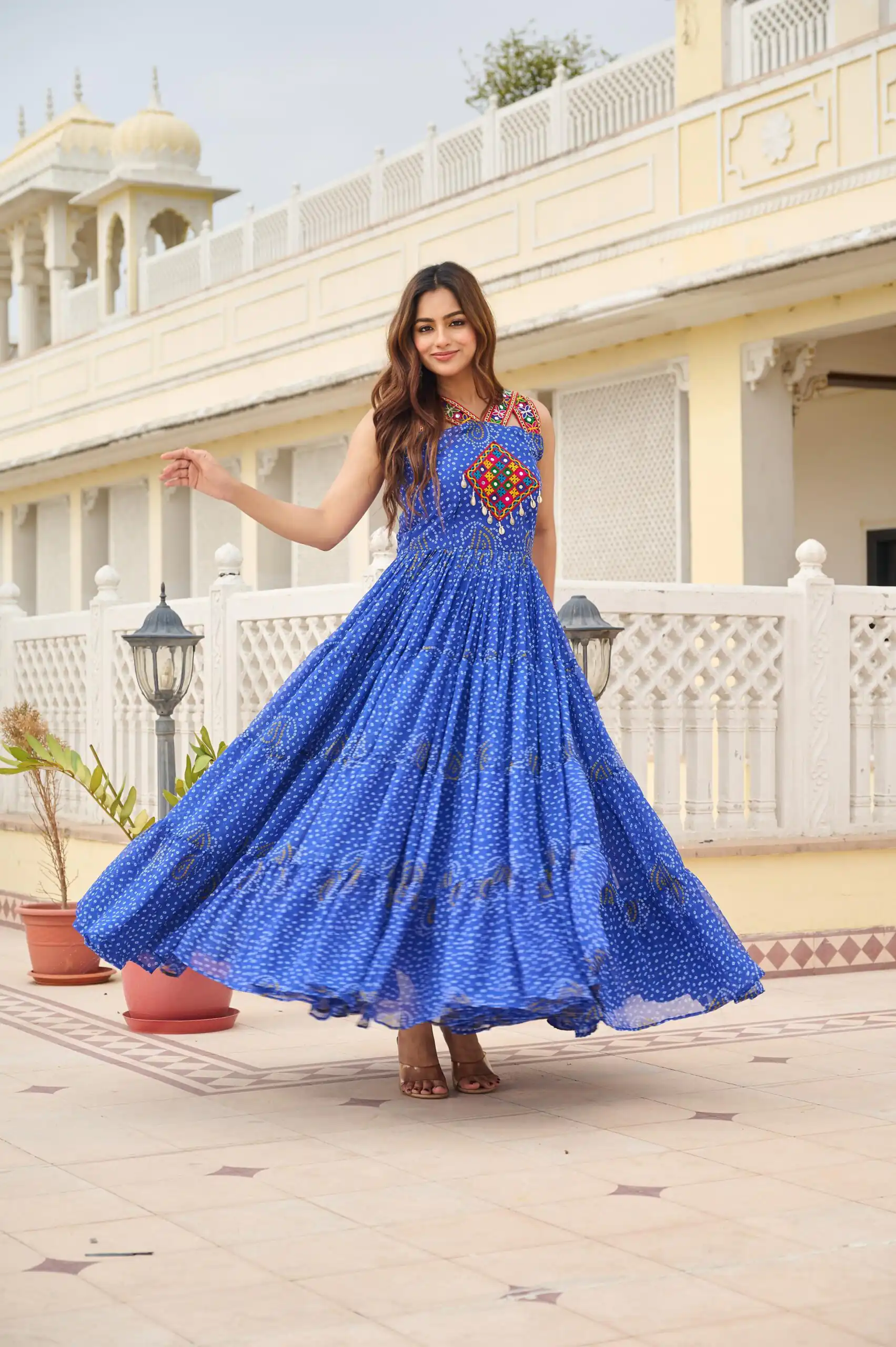 Ram 108 Blue Color Georgette Bandhni Print Gown with Mirror Work. Best Price ₹2049. Delivery 4-6 Working Days. Online Shop now. | Bollywood Gowns, Creative Gowns, Designer Gowns, Embroidered Gowns, Gowns, Party Wear Gowns