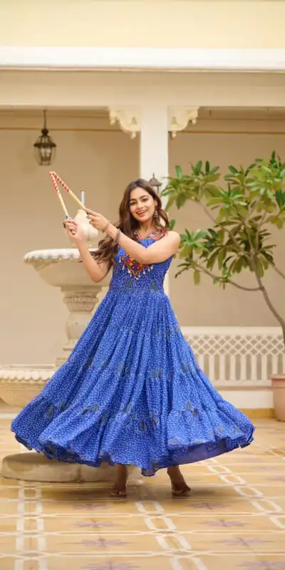 Ram 108 Blue Color Georgette Bandhni Print Gown with Mirror Work. Best Price ₹2049. Delivery 4-6 Working Days. Online Shop now. | Bollywood Gowns, Creative Gowns, Designer Gowns, Embroidered Gowns, Gowns, Party Wear Gowns