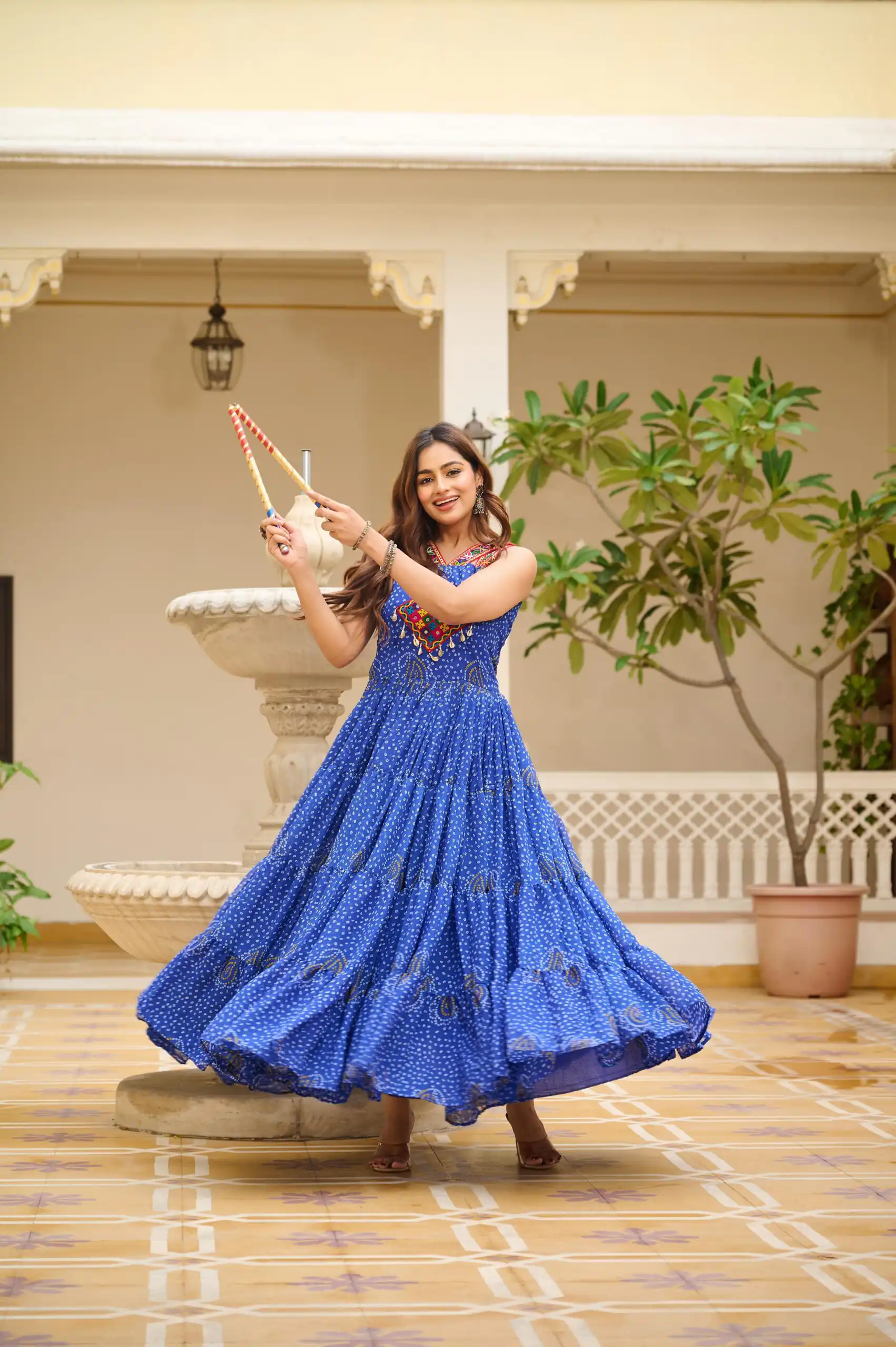 Ram 108 Blue Color Georgette Bandhni Print Gown with Mirror Work. Best Price ₹2049. Delivery 4-6 Working Days. Online Shop now. | Bollywood Gowns, Creative Gowns, Designer Gowns, Embroidered Gowns, Gowns, Party Wear Gowns