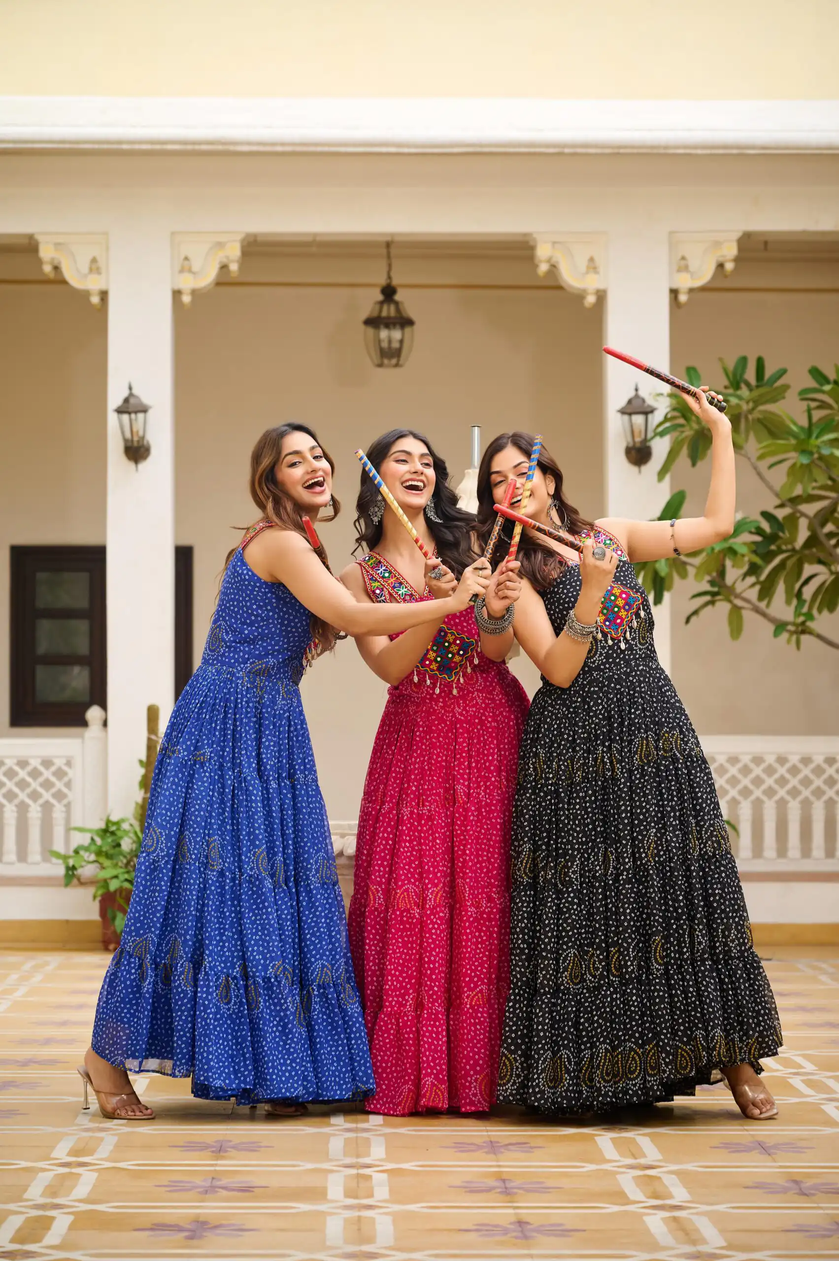 Ram 108 Blue Color Georgette Bandhni Print Gown with Mirror Work. Best Price ₹2049. Delivery 4-6 Working Days. Online Shop now. | Bollywood Gowns, Creative Gowns, Designer Gowns, Embroidered Gowns, Gowns, Party Wear Gowns