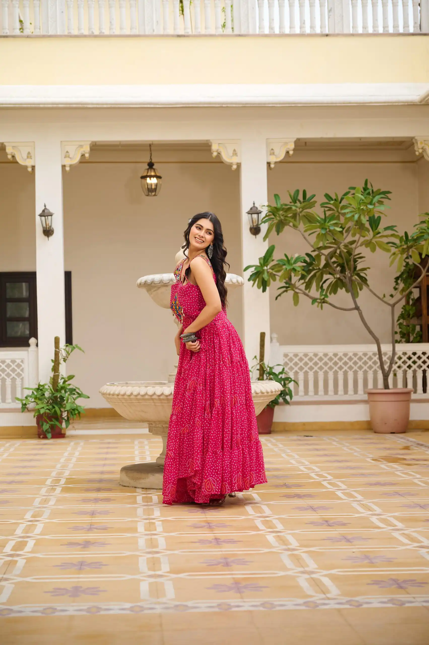 Graceful Pink Georgette Bandhni Print Mirror Work Gown - Image 2