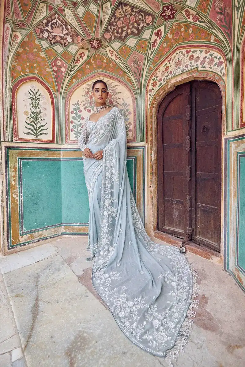 Graceful Sky Blue Faux Georgette Embroidery Work Saree - Image 2
