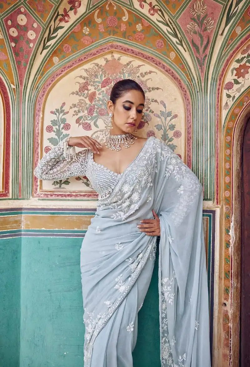 Graceful Sky Blue Faux Georgette Embroidery Work Saree - Image 3