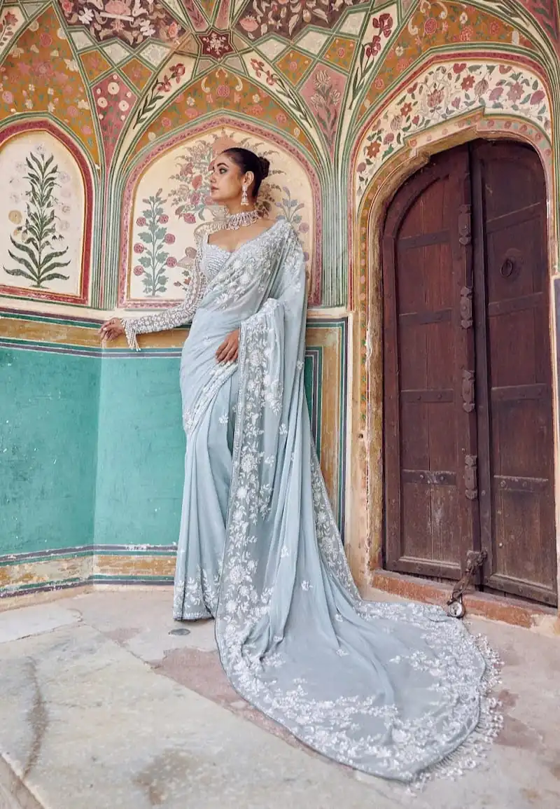 DF 3478 Sky Blue Faux Georgette Embroidery Work Saree . Perfect for Wedding, Party, Onam, Family ,Festive Deal ₹2049. Delivery 4-6 Working Days | Bollywood Sarees, Creative Sarees, Designer Sarees, Embroidered Sarees, Ethnic Saree, Modern Digital sarees, Party Wear Sarees, Sarees