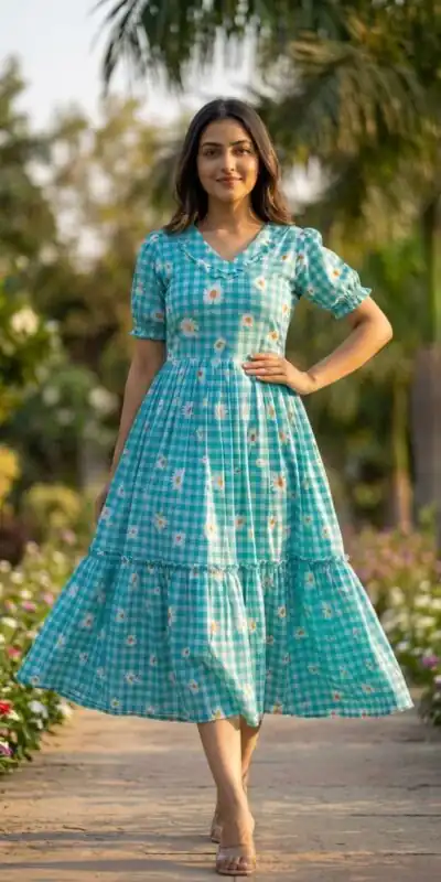 KA 1257 Blue Muslin Silk Gingham Printed Kurti with Designer Work. Special Price ₹1519. Delivery 4-6 Working Days. Shop now. | Bollywood Kurti, Creative Kurtis, Designer Kurti, Kurti, Party Wear Kurti, Selfie Kurti