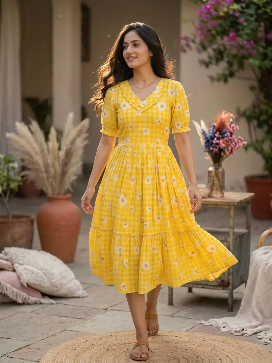 KA 1257 Mustard Muslin Silk Gingham Printed Kurti with Designer Work. Special Price ₹1519. Delivery 4-6 Working Days. Shop now. | Bollywood Kurti, Creative Kurtis, Designer Kurti, Kurti, Party Wear Kurti, Selfie Kurti