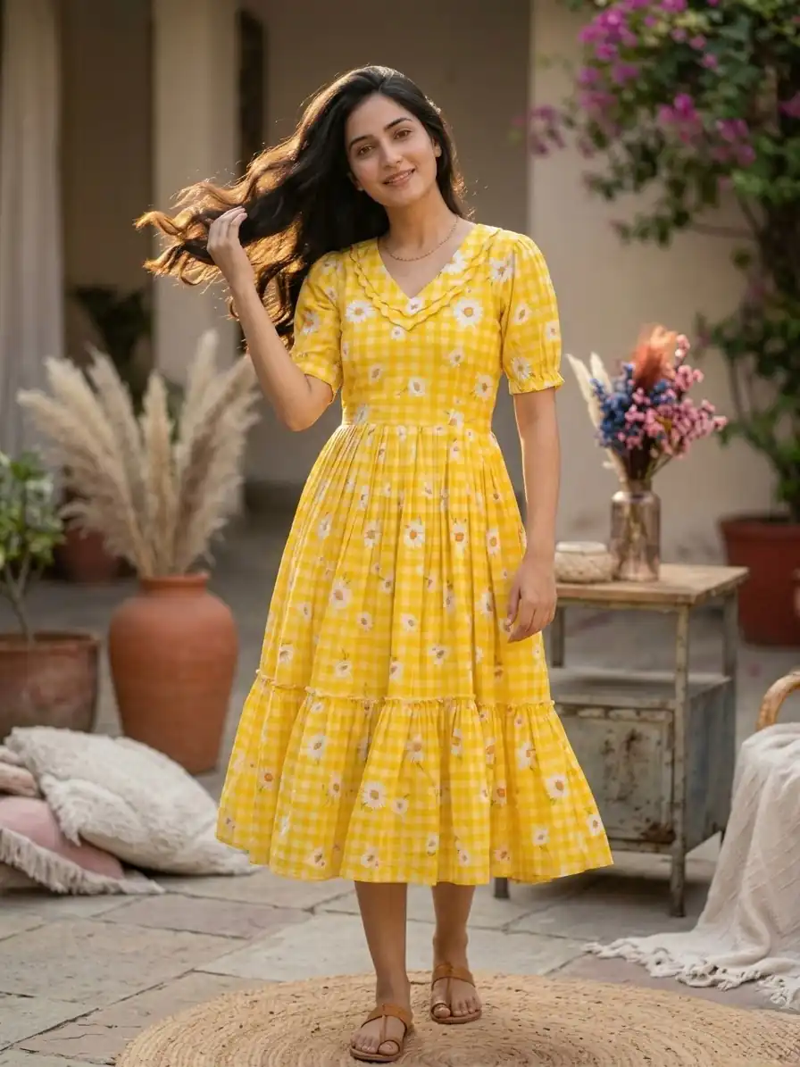 KA 1257 Mustard Muslin Silk Gingham Printed Kurti with Designer Work. Special Price ₹1519. Delivery 4-6 Working Days. Shop now. | Bollywood Kurti, Creative Kurtis, Designer Kurti, Kurti, Party Wear Kurti, Selfie Kurti