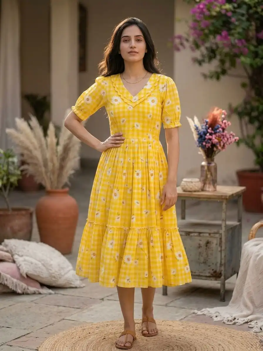 KA 1257 Mustard Muslin Silk Gingham Printed Kurti with Designer Work. Special Price ₹1519. Delivery 4-6 Working Days. Shop now. | Bollywood Kurti, Creative Kurtis, Designer Kurti, Kurti, Party Wear Kurti, Selfie Kurti