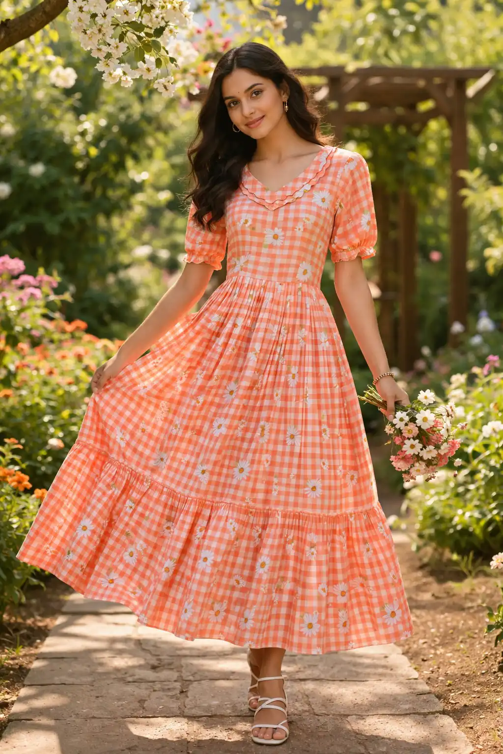 KA 1257 Peach Muslin Silk Gingham Printed Kurti with Designer Work. Special Price ₹1519. Delivery 4-6 Working Days. Shop now. | Bollywood Kurti, Creative Kurtis, Designer Kurti, Kurti, Party Wear Kurti, Selfie Kurti