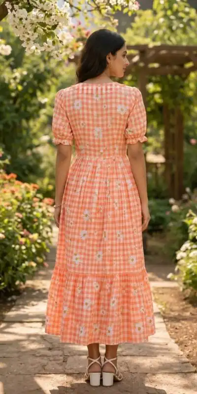 KA 1257 Peach Muslin Silk Gingham Printed Kurti with Designer Work. Special Price ₹1519. Delivery 4-6 Working Days. Shop now. | Bollywood Kurti, Creative Kurtis, Designer Kurti, Kurti, Party Wear Kurti, Selfie Kurti
