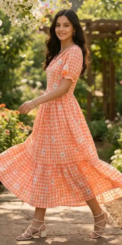 KA 1257 Peach Muslin Silk Gingham Printed Kurti with Designer Work. Special Price ₹1519. Delivery 4-6 Working Days. Shop now. | Bollywood Kurti, Creative Kurtis, Designer Kurti, Kurti, Party Wear Kurti, Selfie Kurti