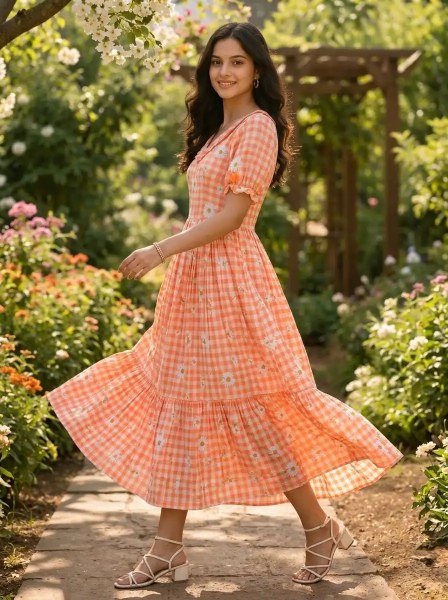 KA 1257 Peach Muslin Silk Gingham Printed Kurti with Designer Work. Special Price ₹1519. Delivery 4-6 Working Days. Shop now. | Bollywood Kurti, Creative Kurtis, Designer Kurti, Kurti, Party Wear Kurti, Selfie Kurti