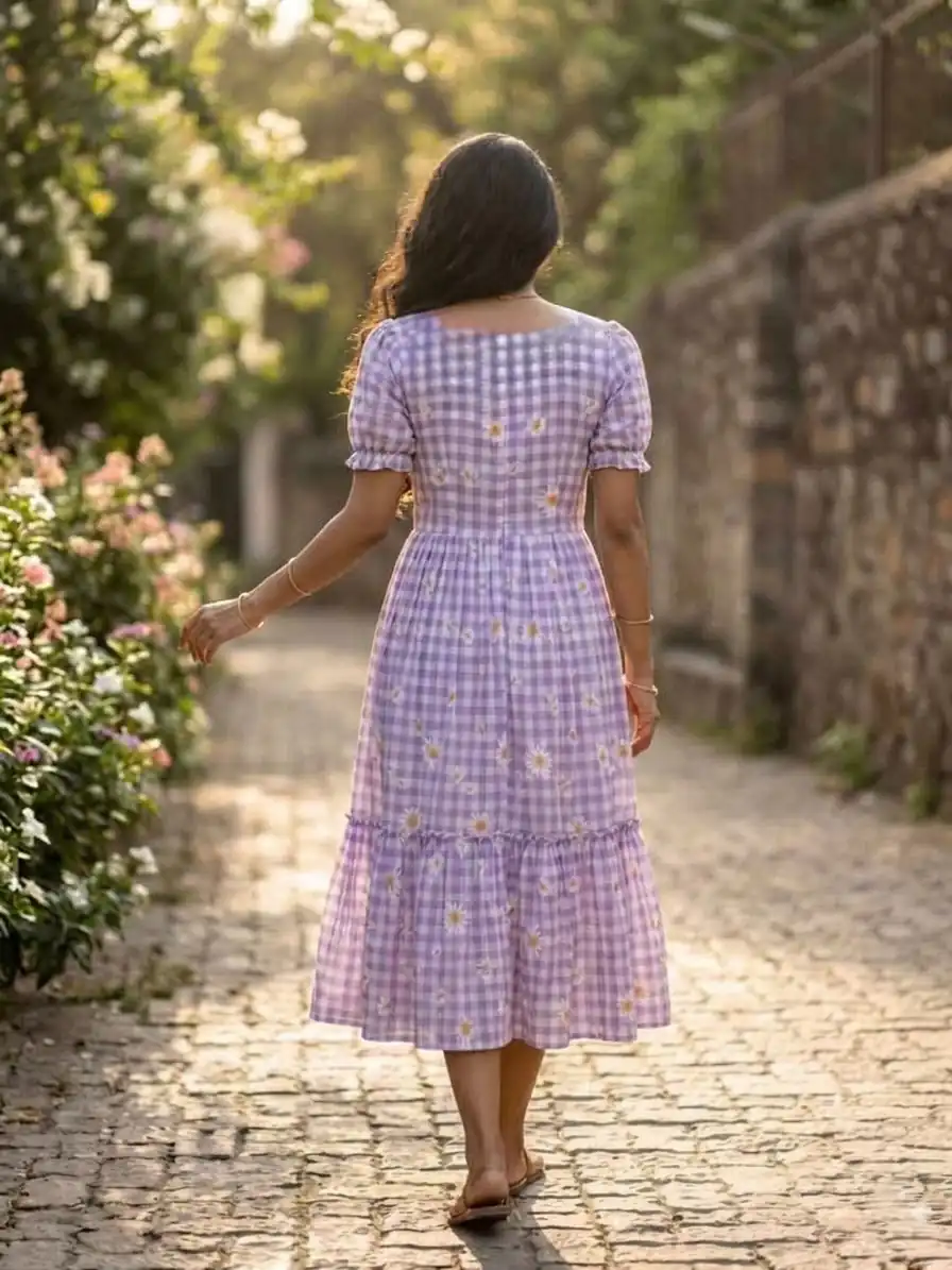 Magical Purple Muslin Silk Gingham Printed Kurti - Image 2