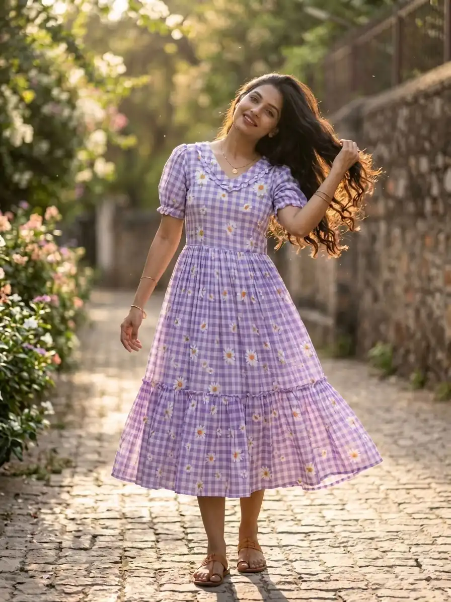 Magical Purple Muslin Silk Gingham Printed Kurti - Image 3