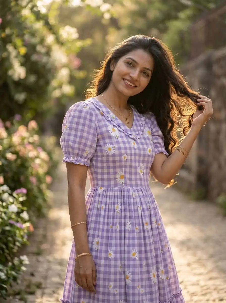 Magical Purple Muslin Silk Gingham Printed Kurti - Image 5