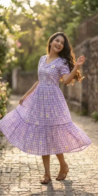 KA 1257 Purple Muslin Silk Gingham Printed Kurti with Designer Work. Special Price ₹1519. Delivery 4-6 Working Days. Shop now. | Bollywood Kurti, Creative Kurtis, Designer Kurti, Kurti, Party Wear Kurti, Selfie Kurti
