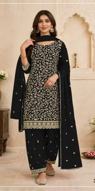 FC 3114 Black Blooming Fox Georgette Salwar Suit with Embroidery Work. Exclusive Offer ₹2499. Delivery 4-6 Working Days. Shop now. | Jump Suits, Straight Suits, Casual Suits, Creative suits, Designer Suits, Palazzo Suits, Party Wear Suits, Patiala Suits, Salwar suit