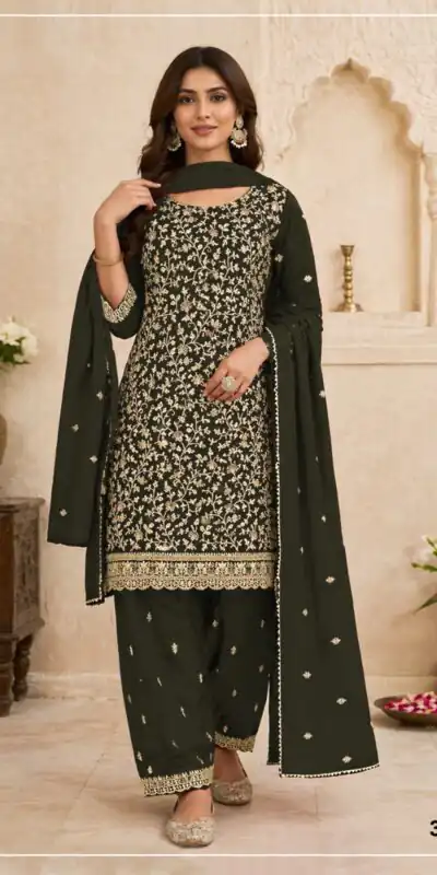 FC 3114 Green Blooming Fox Georgette Salwar Suit with Embroidery Work. Exclusive Offer ₹2499. Delivery 4-6 Working Days. Shop now. | Jump Suits, Straight Suits, Casual Suits, Creative suits, Designer Suits, Palazzo Suits, Party Wear Suits, Patiala Suits, Salwar suit