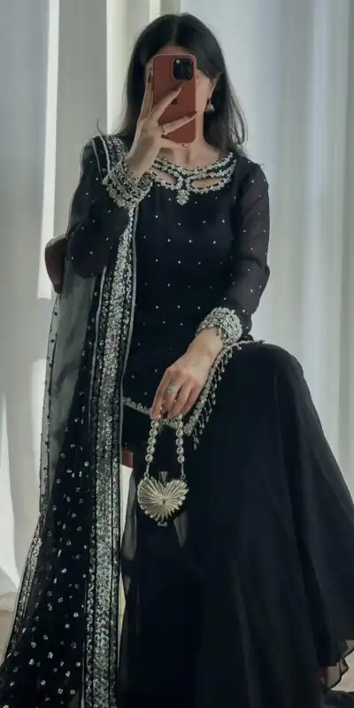 SRK 5353 Black Faux Georgette Salwar Suit Perfect for Wedding, Party, Family Gatherings, Sangeet, Housewarming – . Affordable Price ₹1949. Days | Jump Suits, Straight Suits, Casual Suits, Creative suits, Designer Suits, Palazzo Suits, Party Wear Suits, Patiala Suits, Salwar suit