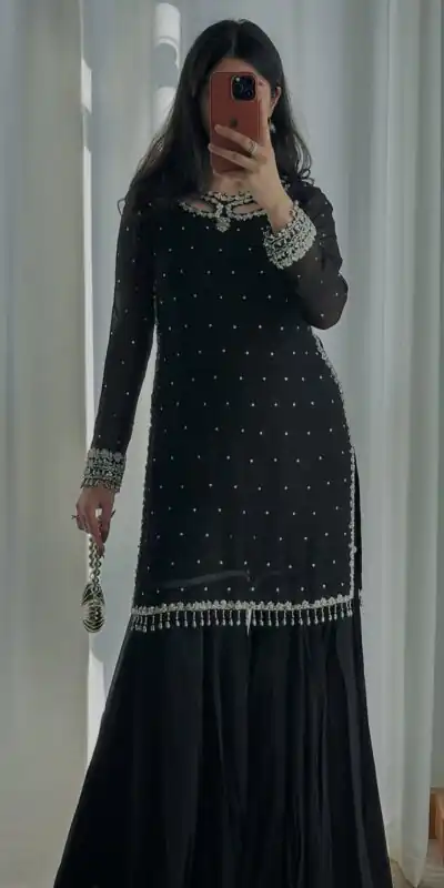 SRK 5353 Black Faux Georgette Salwar Suit Perfect for Wedding, Party, Family Gatherings, Sangeet, Housewarming – . Affordable Price ₹1949. Days | Jump Suits, Straight Suits, Casual Suits, Creative suits, Designer Suits, Palazzo Suits, Party Wear Suits, Patiala Suits, Salwar suit