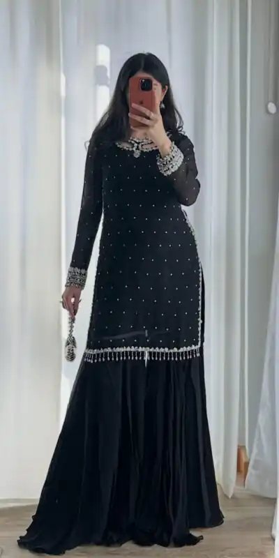 SRK 5353 Black Faux Georgette Salwar Suit Perfect for Wedding, Party, Family Gatherings, Sangeet, Housewarming – . Affordable Price ₹1949. Days | Jump Suits, Straight Suits, Casual Suits, Creative suits, Designer Suits, Palazzo Suits, Party Wear Suits, Patiala Suits, Salwar suit