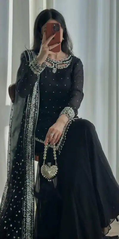SRK 5353 Black Faux Georgette Salwar Suit Perfect for Wedding, Party, Family Gatherings, Sangeet, Housewarming – . Affordable Price ₹1949. Days | Jump Suits, Straight Suits, Casual Suits, Creative suits, Designer Suits, Palazzo Suits, Party Wear Suits, Patiala Suits, Salwar suit