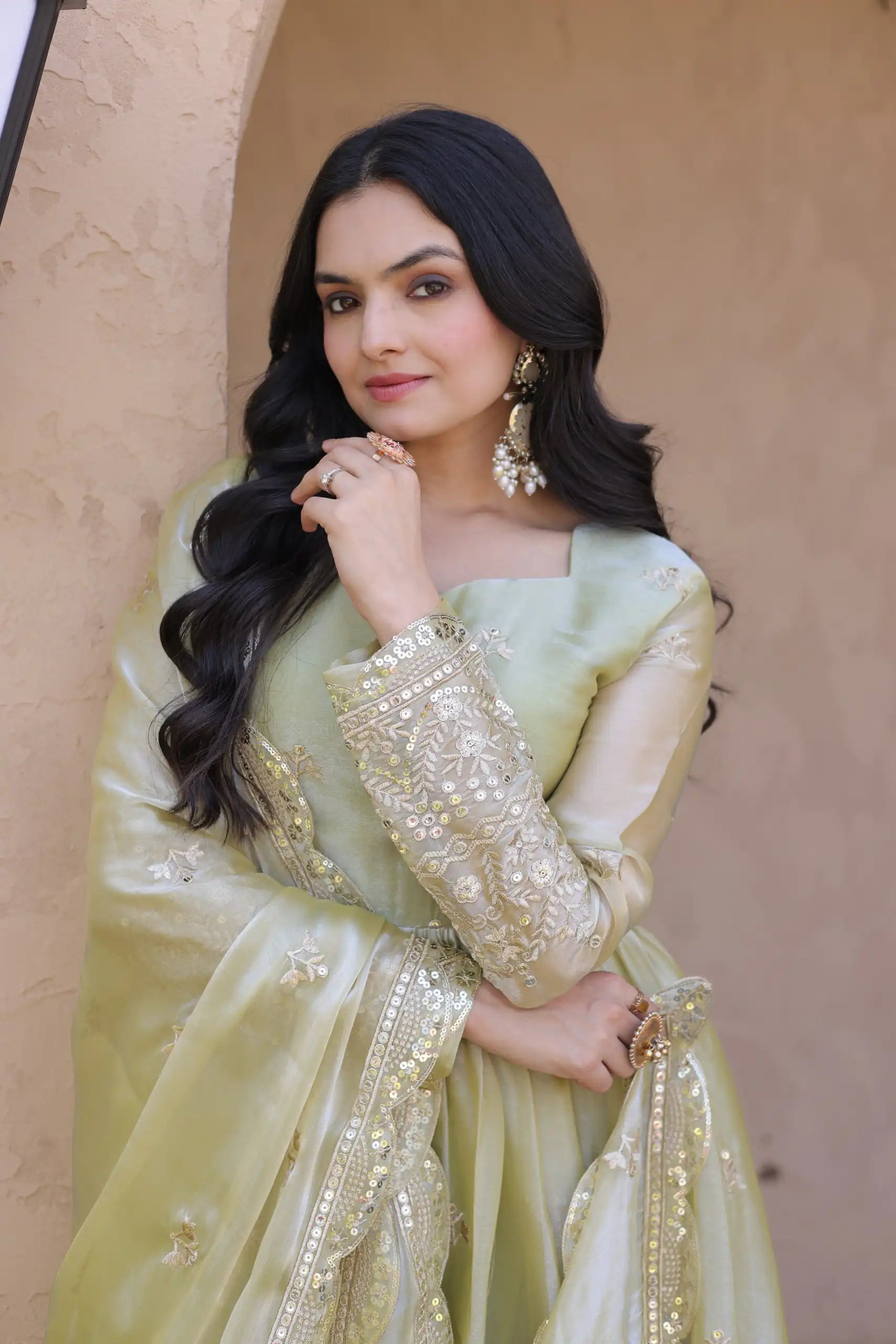 KA 1260 Light Pista Color Fendi Silk Gown with Embroidery Work & Zari Work. Now at just ₹2599. Delivery 4-6 Working Days. Shop now. | Bollywood Gowns, Creative Gowns, Designer Gowns, Embroidered Gowns, Gowns, Party Wear Gowns