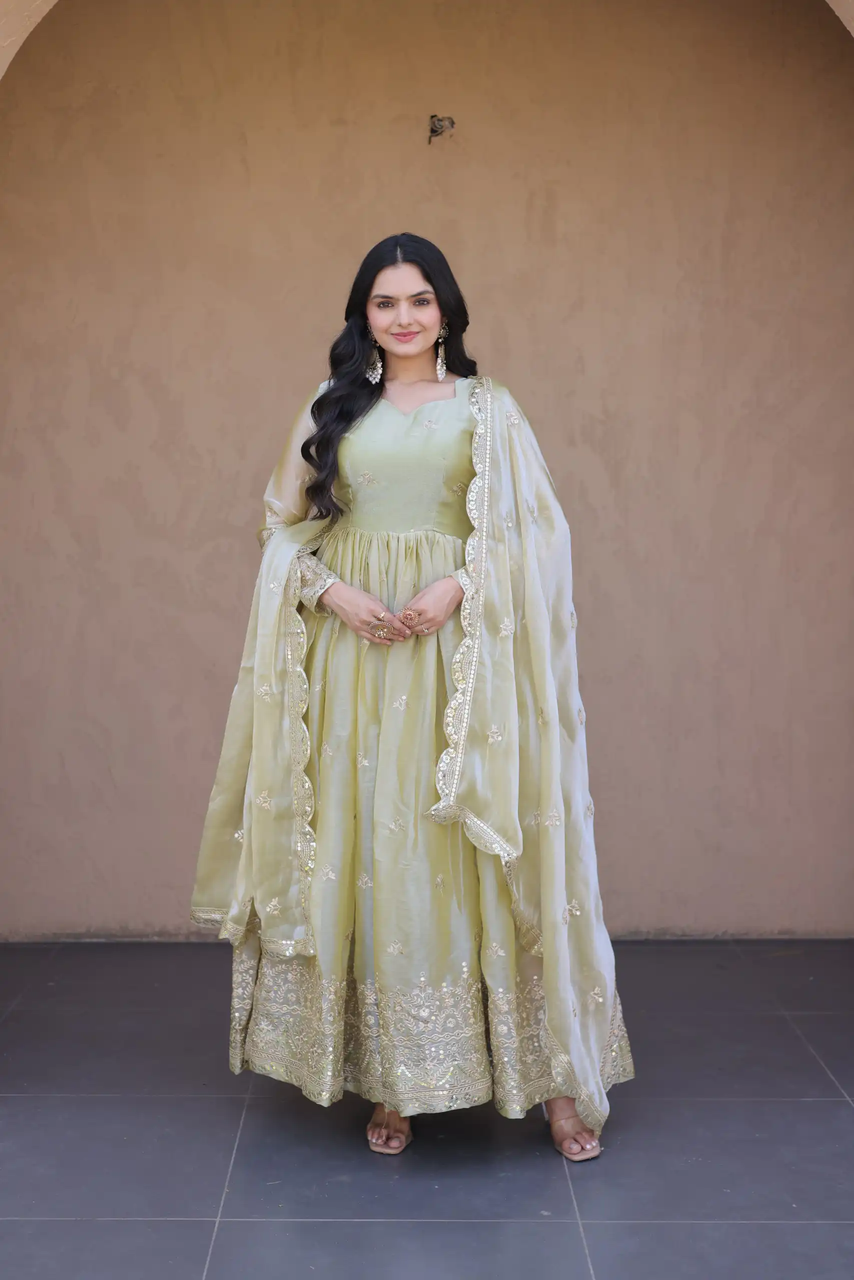 KA 1260 Light Pista Color Fendi Silk Gown with Embroidery Work & Zari Work. Now at just ₹2599. Delivery 4-6 Working Days. Shop now. | Bollywood Gowns, Creative Gowns, Designer Gowns, Embroidered Gowns, Gowns, Party Wear Gowns