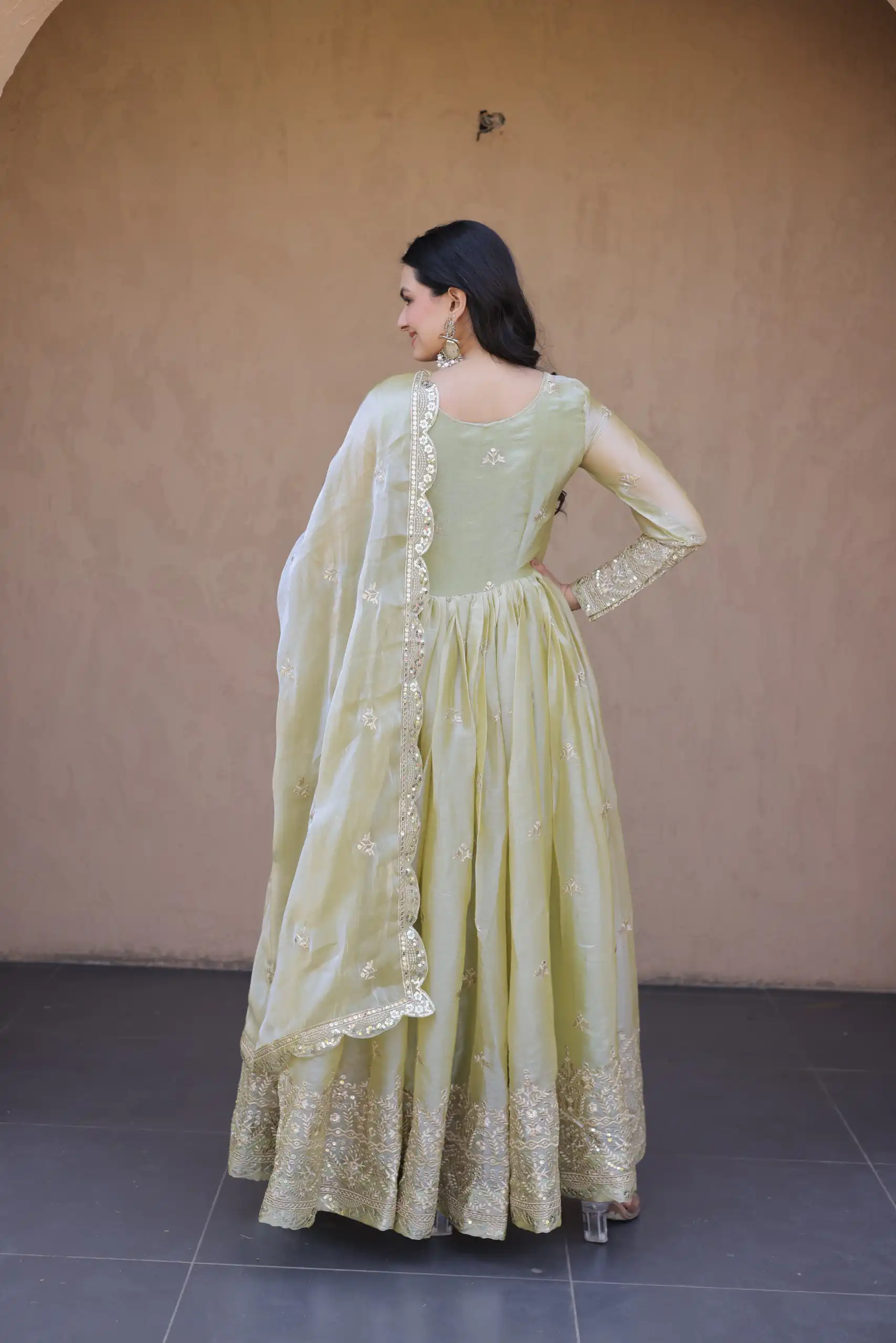 KA 1260 Light Pista Color Fendi Silk Gown with Embroidery Work & Zari Work. Now at just ₹2599. Delivery 4-6 Working Days. Shop now. | Bollywood Gowns, Creative Gowns, Designer Gowns, Embroidered Gowns, Gowns, Party Wear Gowns