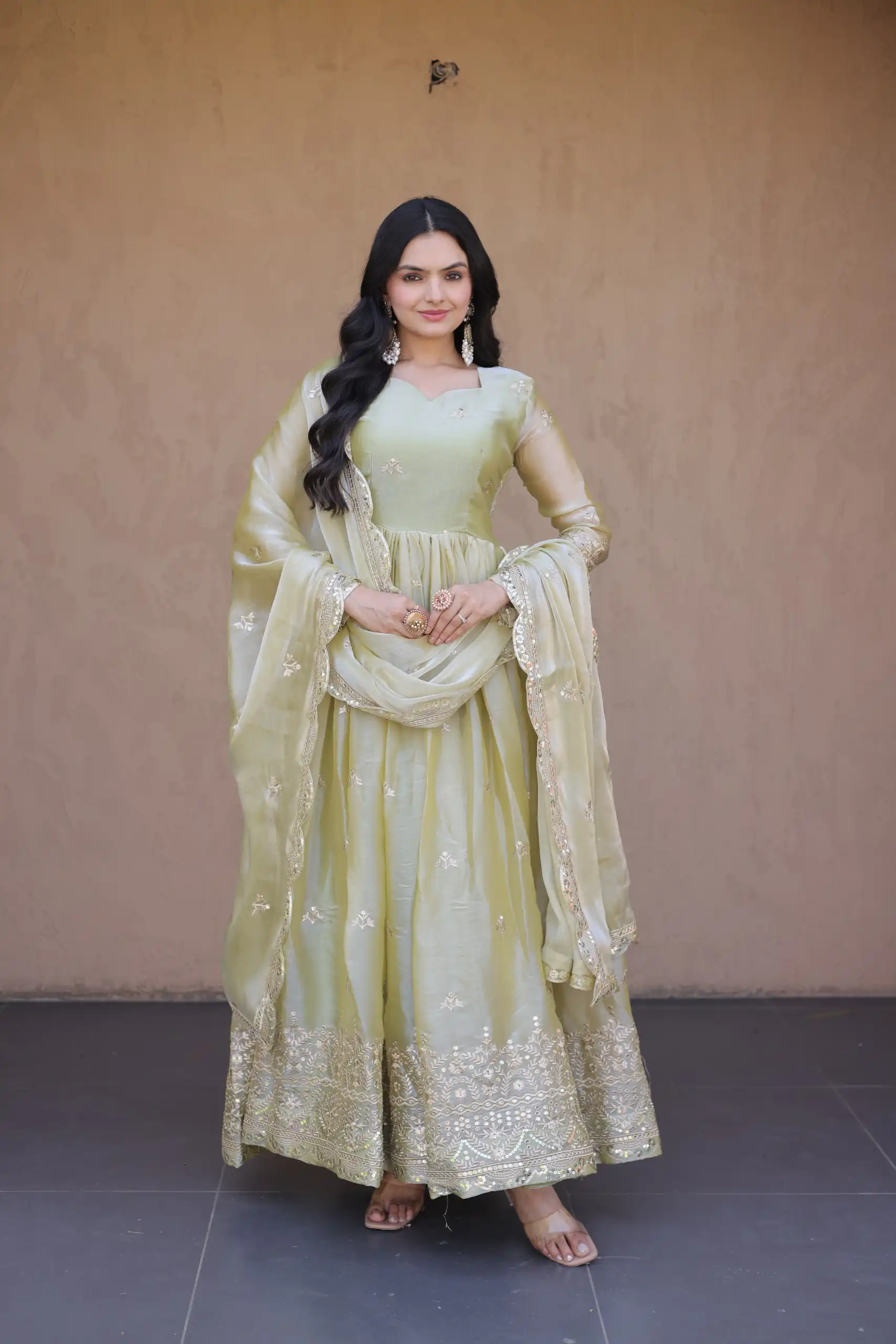 KA 1260 Light Pista Color Fendi Silk Gown with Embroidery Work & Zari Work. Now at just ₹2599. Delivery 4-6 Working Days. Shop now. | Bollywood Gowns, Creative Gowns, Designer Gowns, Embroidered Gowns, Gowns, Party Wear Gowns