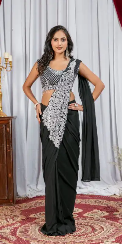 ST 1165 Black Faux Georgette Saree with Embroidery Work & Sequins Work. Now at just ₹1799. Delivery 4-6 Working Days. Shop now. | Bollywood Sarees, Creative Sarees, Designer Sarees, Embroidered Sarees, Ethnic Saree, Modern Digital sarees, Party Wear Sarees, Sarees