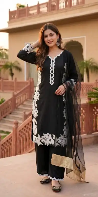 ST 213 Black Color Natural Crep Salwar Suit with Embroidery Work. Wedding, Party, Festive, Best Price ₹1899. Delivery 4-6 Working Days. Shop now. | Jump Suits, Straight Suits, Casual Suits, Creative suits, Designer Suits, Palazzo Suits, Party Wear Suits, Patiala Suits, Salwar suit