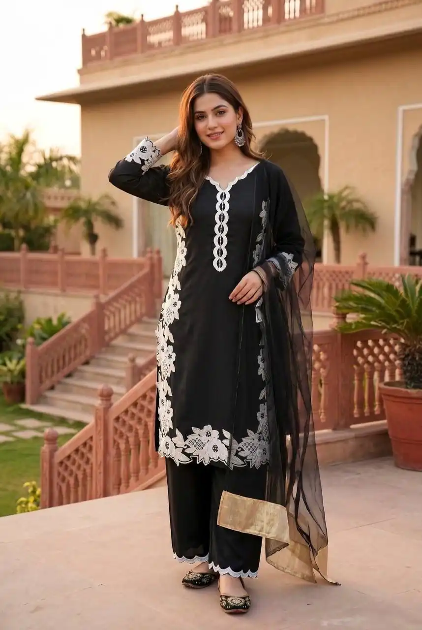 ST 213 Black Color Natural Crep Salwar Suit with Embroidery Work. Wedding, Party, Festive, Best Price ₹1899. Delivery 4-6 Working Days. Shop now. | Jump Suits, Straight Suits, Casual Suits, Creative suits, Designer Suits, Palazzo Suits, Party Wear Suits, Patiala Suits, Salwar suit